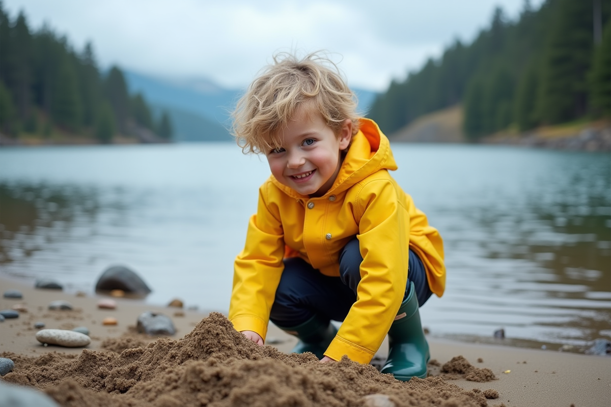 Garçon en imper jaune construisant un château de sable