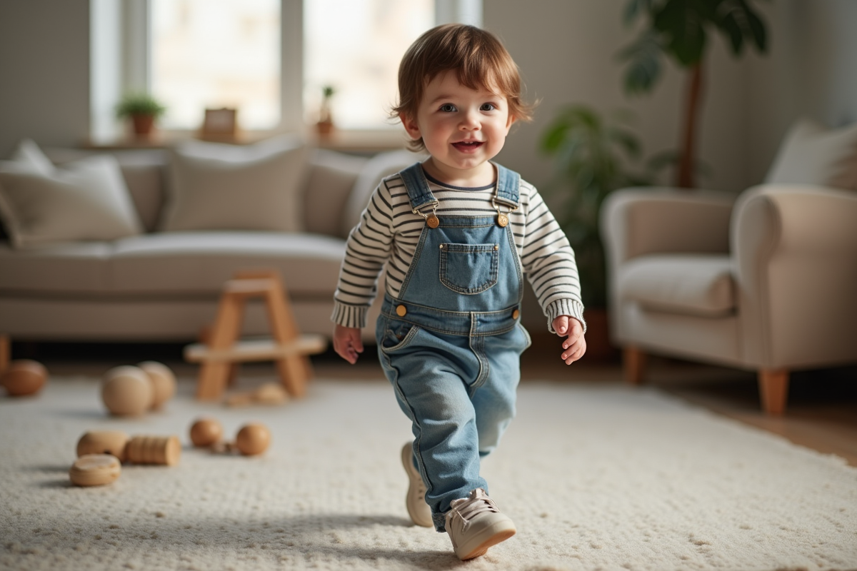 Garçon de deux ans marchant dans le salon avec sourire confiant