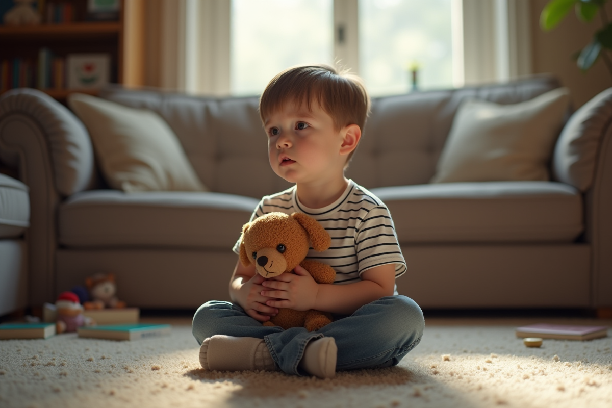 Jeune garçon anxieux avec peluche dans le salon