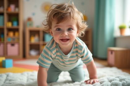 Gar&ccedil;on de deux ans grimpe dans une aire de jeux color&eacute;e