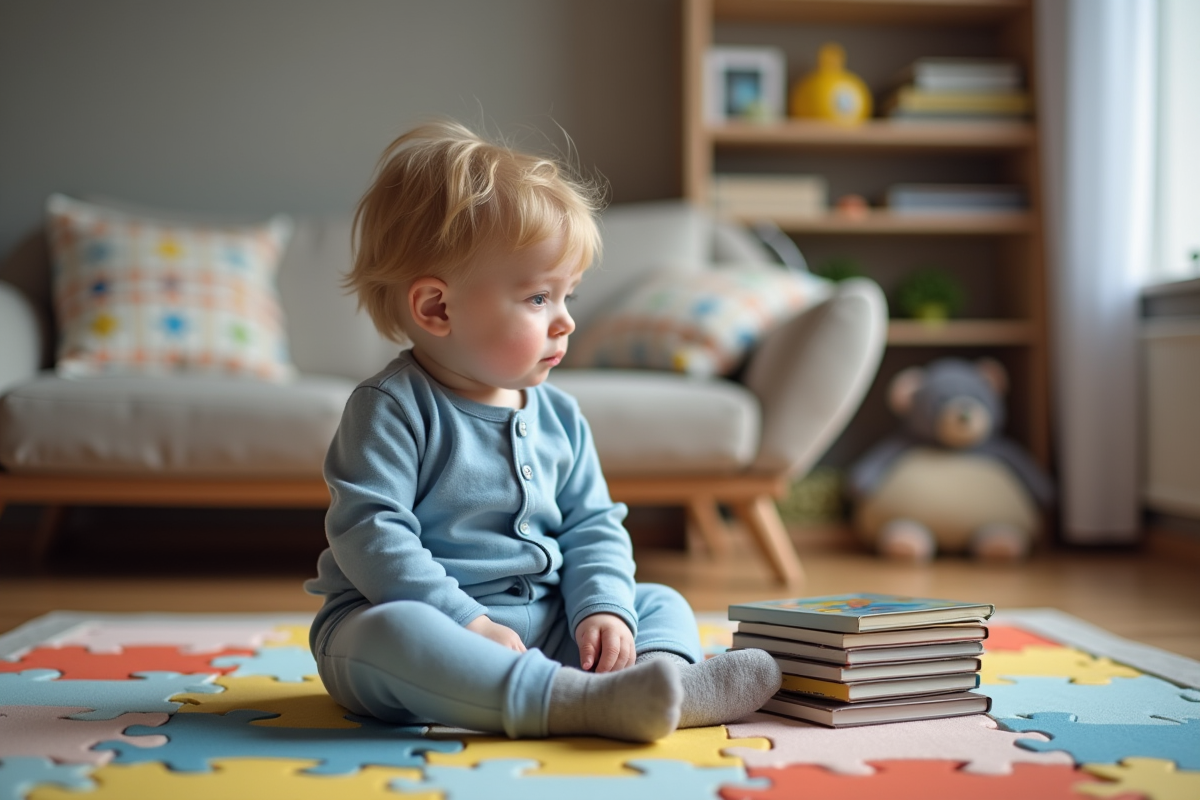 Garçon de 20 mois assis sur un tapis coloré dans un salon