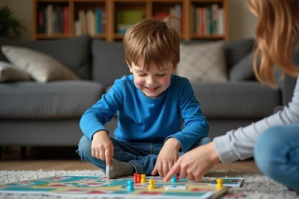 Garçon de 6 ans joue avec des pièces de jeu Bonne Paye