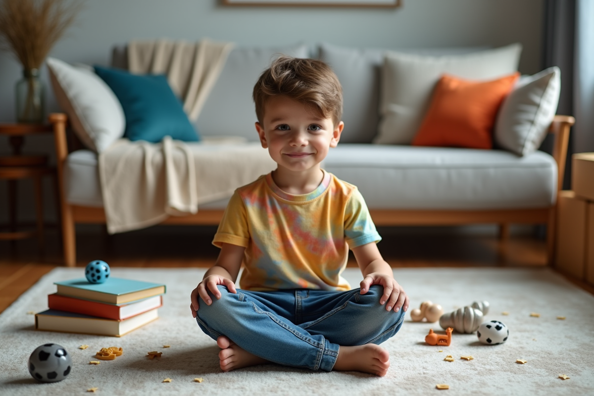 Jeune garçon assis sur un tapis dans un salon moderne