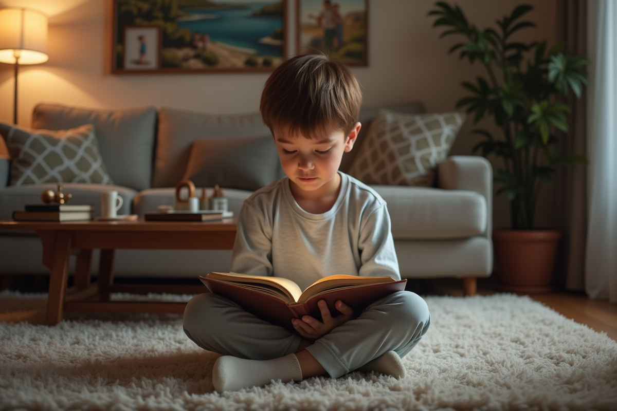 Garçon de 9 ans lisant un livre dans un salon cosy