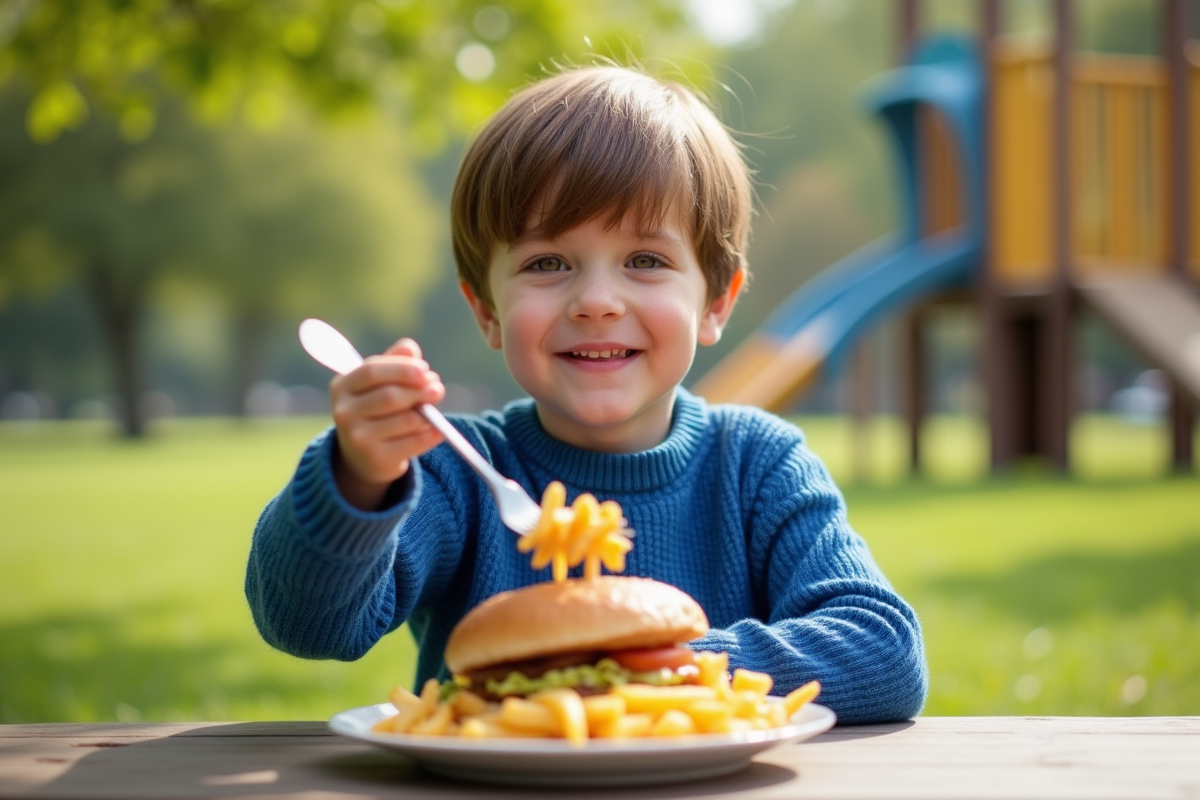 Jeune garçon avec un burger et des frites dans un parc en plein air