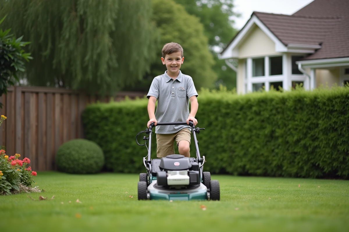 Garçon de 11 ans tond la pelouse dans le jardin