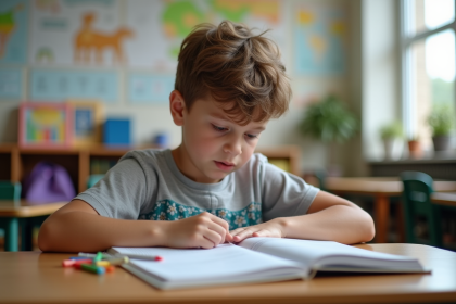 Jeune garçon pensif en classe avec livres et posters
