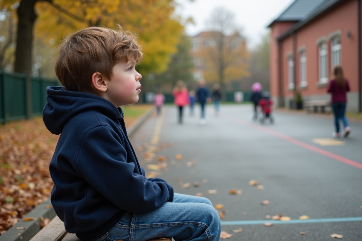 Garçon de neuf ans assis seul dans la cour d'école automnale