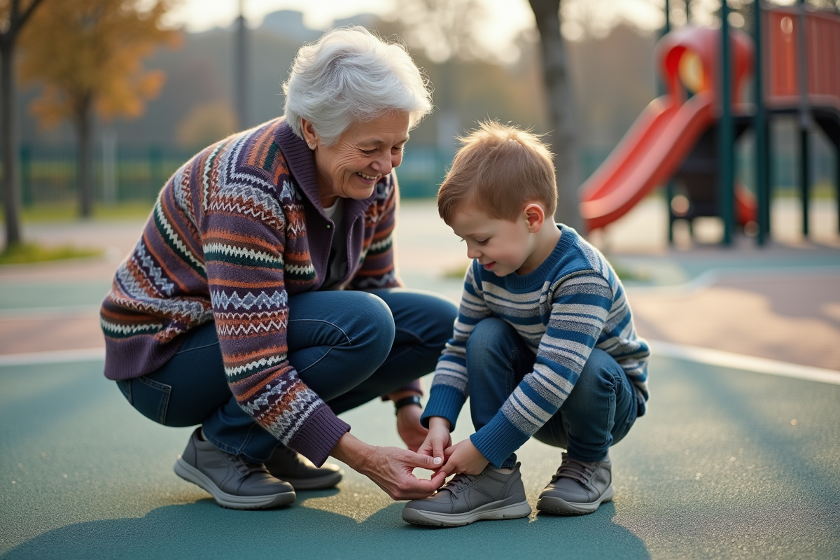 Grand-mere aidant un garçon à l