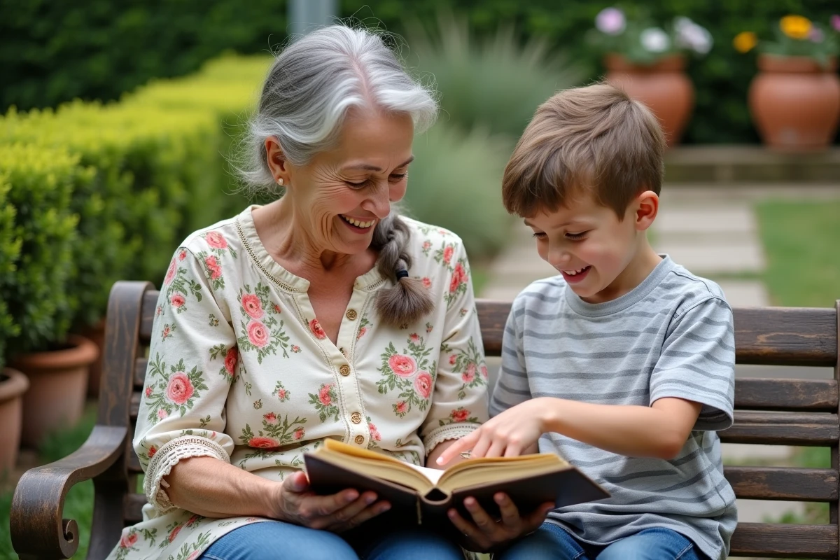 Grand-mère et petit-fils lisant un livre de poèmes sur les parents dans un jardin fleuri