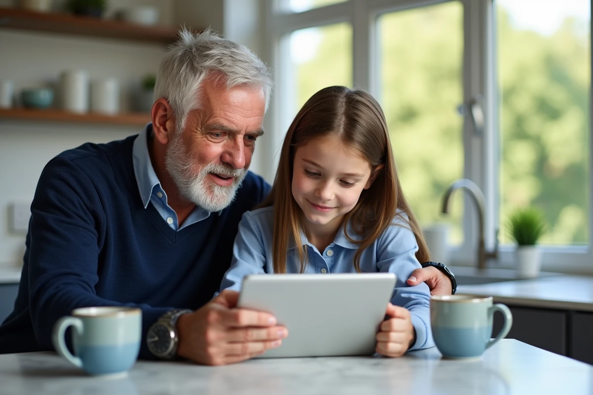 Grand-père et petite-fille regardant une tablette ensemble