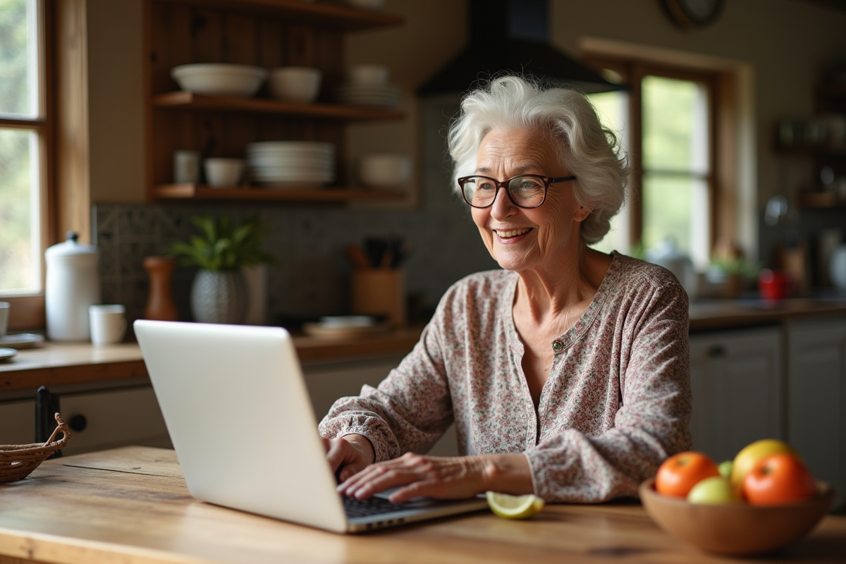 Grand-mère souriante en vidéo chat avec ses petits-enfants à la ferme