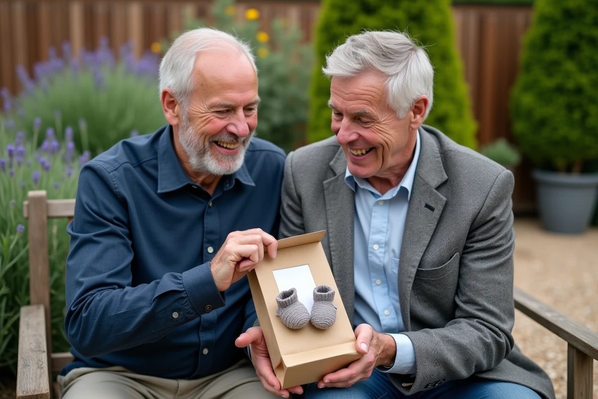 Deux grands-pères découvrant un cadeau d'annonce de grossesse dans un jardin en famille recomposée