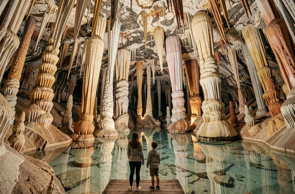 Mère et enfants admirant les stalactites et colonnes calcaires dans les Grottes de Choranche en Isère