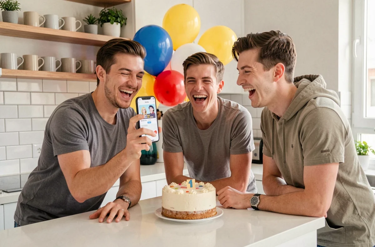 Groupe d'amis riant ensemble autour d'un SMS d'anniversaire amusant dans une cuisine moderne