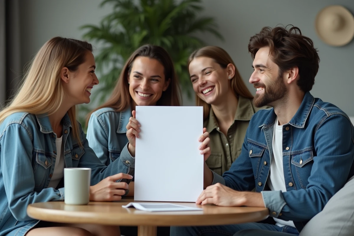 Groupe d'amis discutant autour d'une fiche de questions imprimée lors d'une soirée conviviale