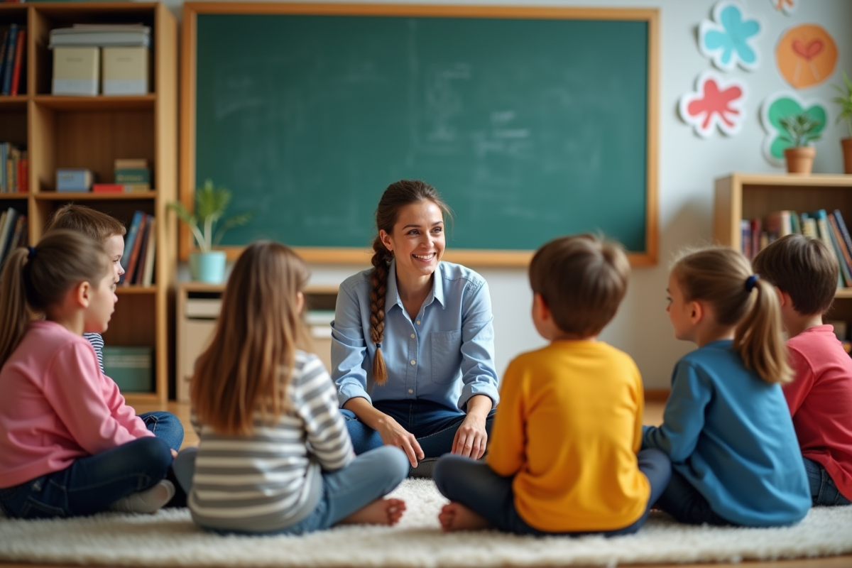 Enfants d école primaire en cercle avec enseignante chaleureuse
