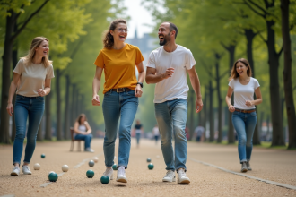 Groupe d'adultes jouant à la pétanque dans un parc urbain