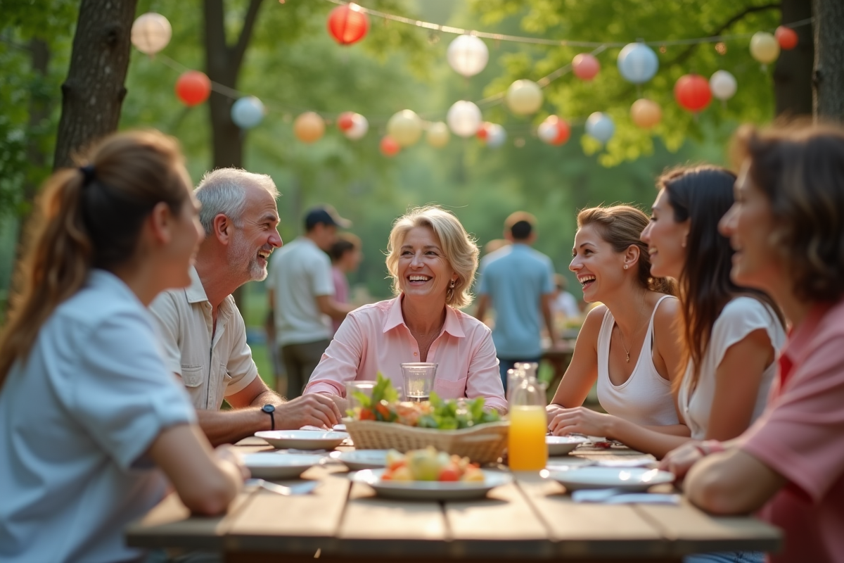 Groupe de personnes souriantes autour d'une table en plein air