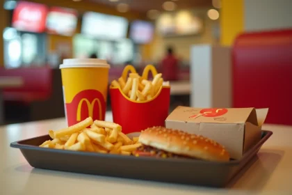 Happy Meal McDonald's avec frites, boisson et jouet sur un plateau de restaurant fast-food