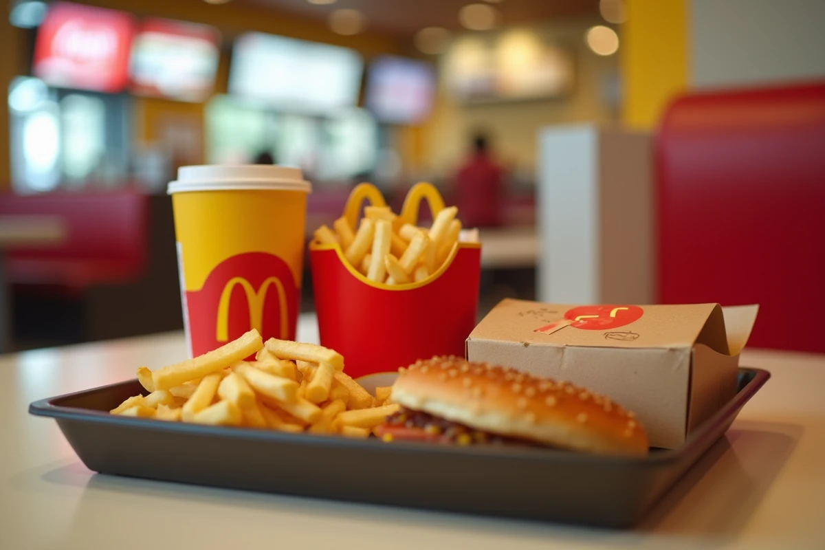 Happy Meal McDonald's avec frites, boisson et jouet sur un plateau de restaurant fast-food