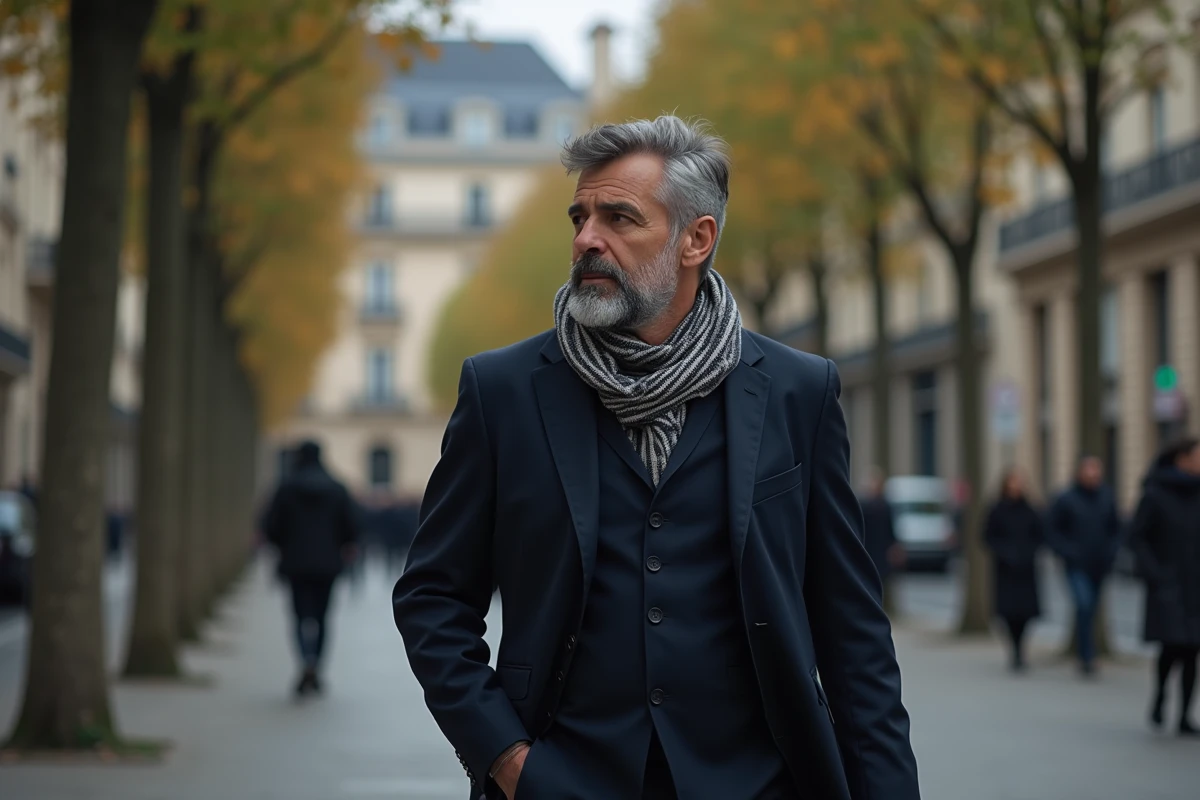 Homme en marche sur un boulevard parisien avec architecture