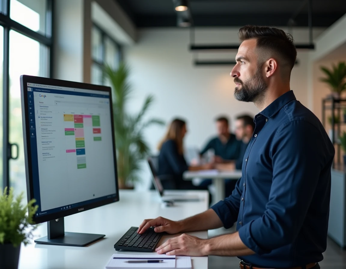 Homme en bureau moderne configurant un calendrier alternant semaines paires et impaires sur Google Agenda affiché sur grand écran