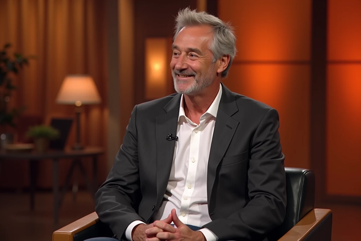 Un homme en blazer charbon assis dans un fauteuil d'interview sur un plateau de télévision française