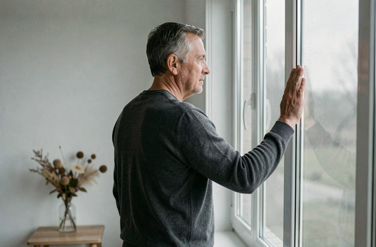 Homme mélancolique regardant par une fenêtre, exprimant le deuil et la tristesse après la perte de sa mère