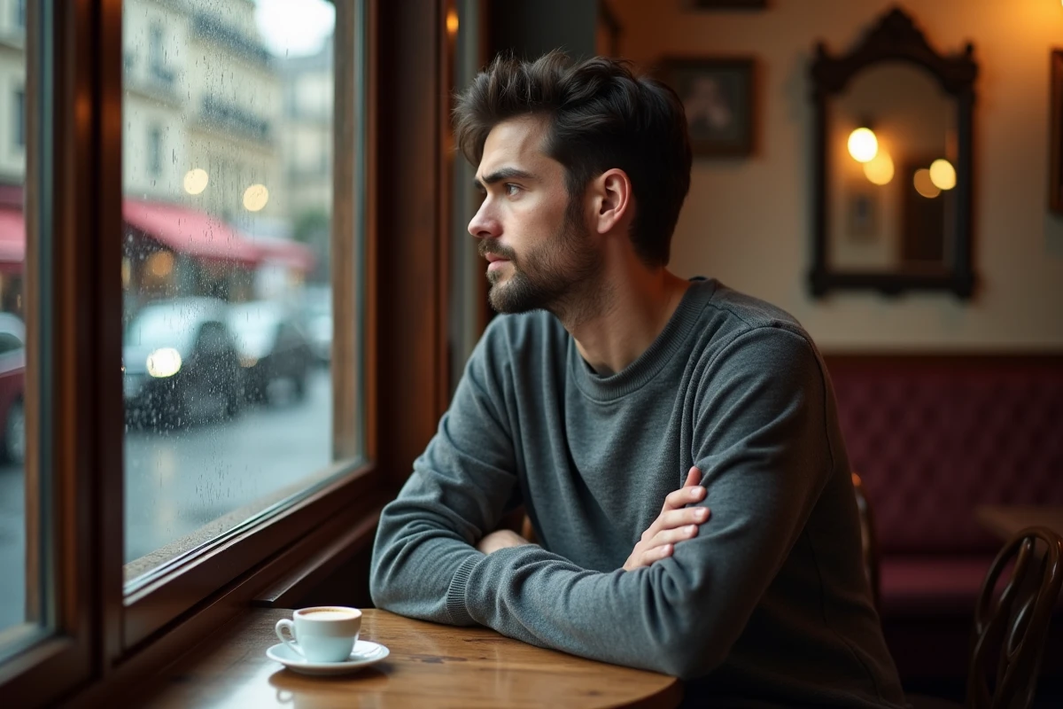 Homme pensif attablé dans une brasserie parisienne regardant par la fenêtre, évoquant l'introspection sur ses origines et son identité