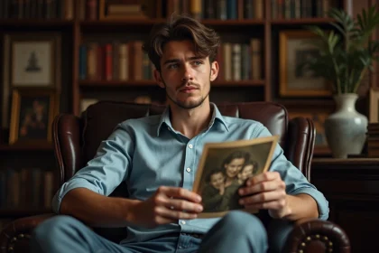 Jeune homme pensif tenant une photo de famille