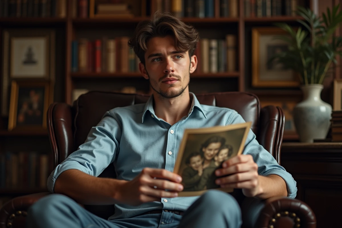Jeune homme pensif tenant une photo de famille