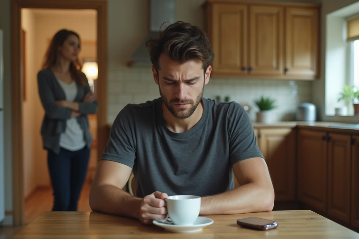 Homme qui ignore sa partenaire après une dispute dans une cuisine, téléphone retourné sur la table