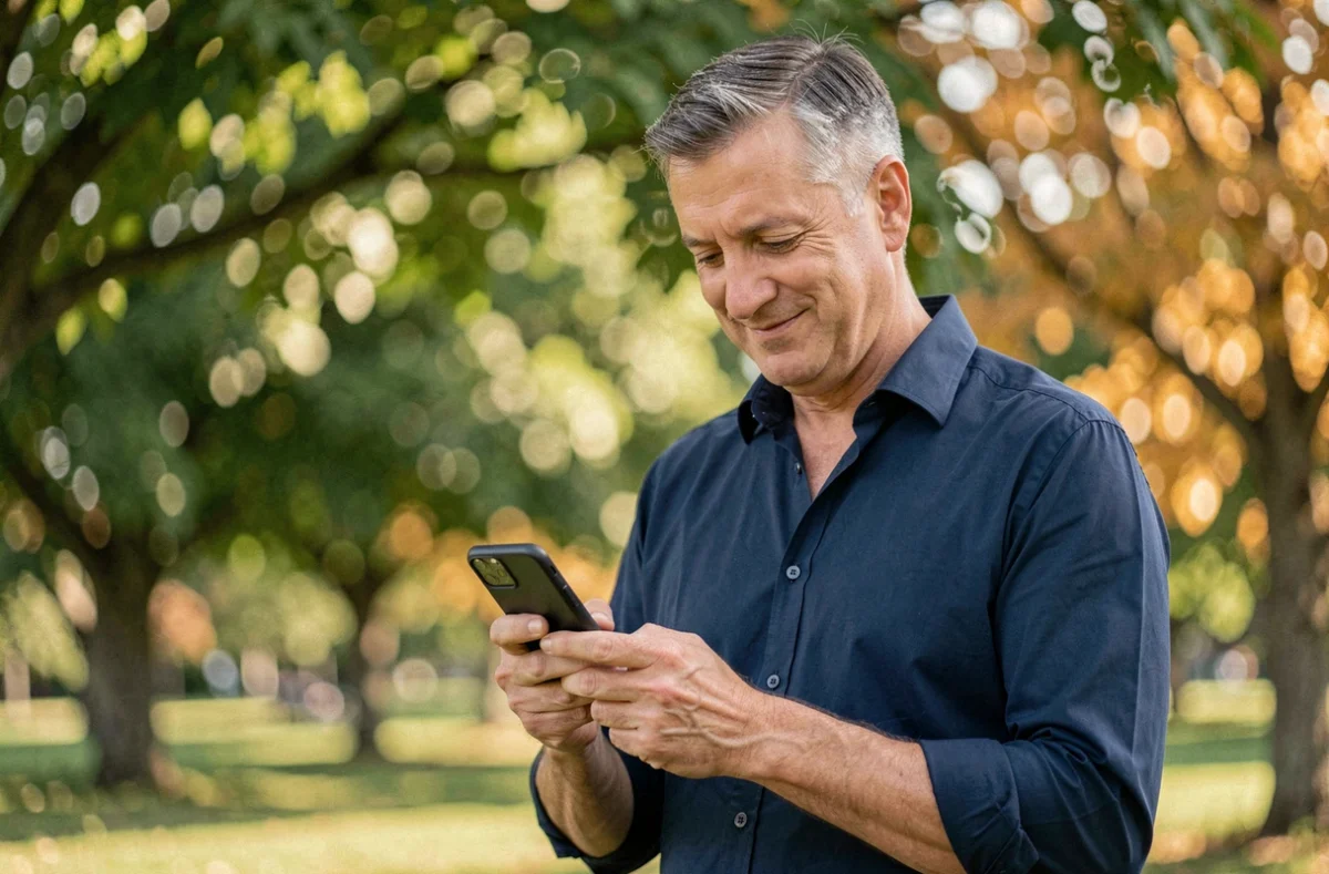 Homme souriant en lisant un message d'anniversaire sur son téléphone dans un parc verdoyant