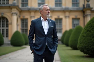 Homme d'âge moyen en costume navy en extérieur