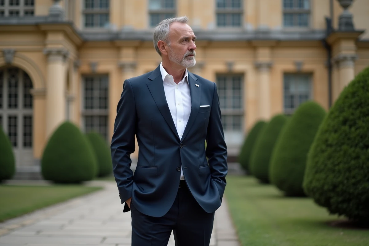 Homme d'&acirc;ge moyen en costume navy en ext&eacute;rieur