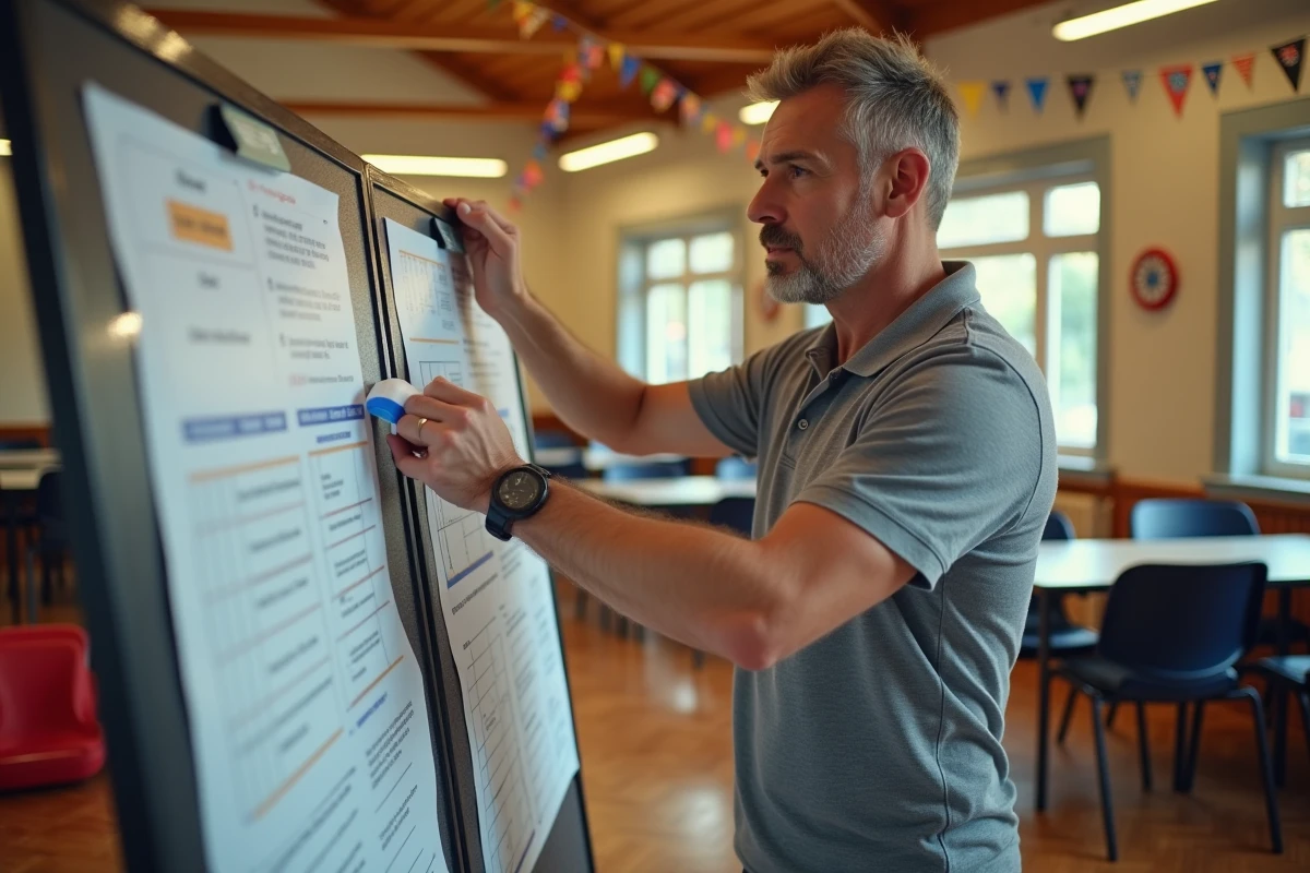 Homme installant des affiches et feuilles de jeux imprimées sur un panneau de stand de kermesse intérieure
