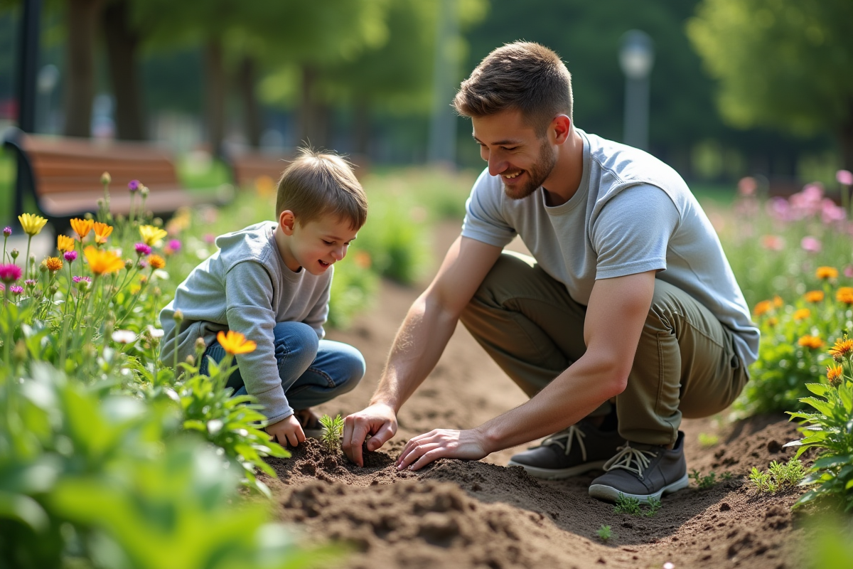 Jeune volontaire plantant des fleurs avec un enfant