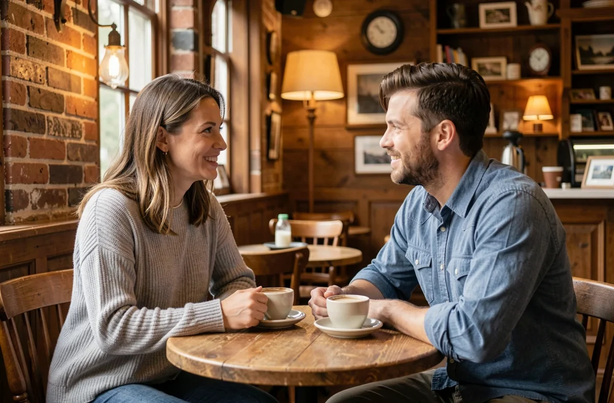 Couple discutant avec complicité autour d'un café dans un bistrot au décor rustique et chaleureux