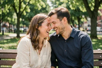 Couple complice partageant un moment tendre sur un banc de parc, illustrant le début d'une histoire d'amour