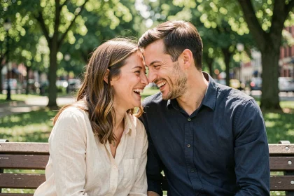 Couple complice partageant un moment tendre sur un banc de parc, illustrant le début d'une histoire d'amour