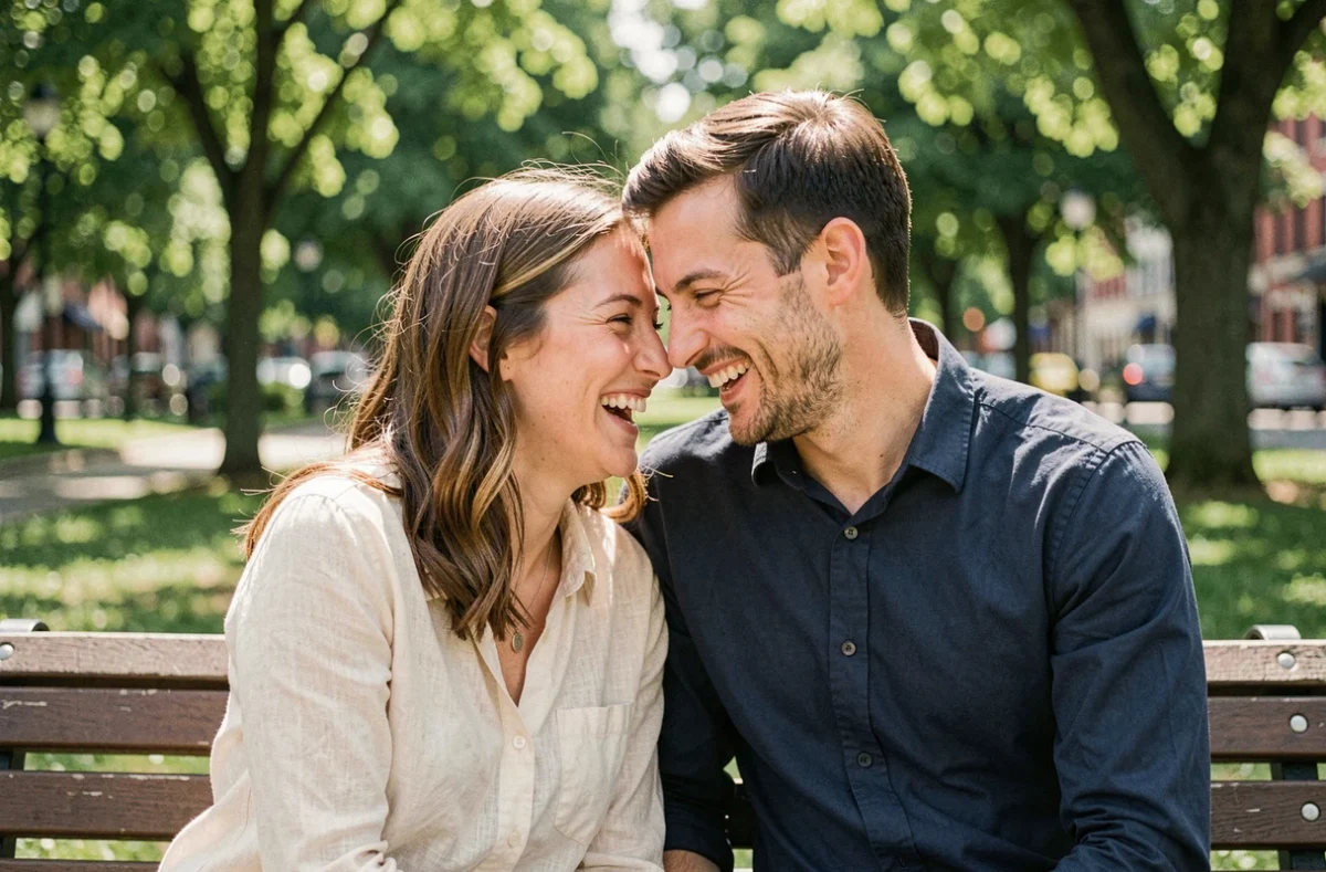 Couple complice partageant un moment tendre sur un banc de parc, illustrant le début d'une histoire d'amour