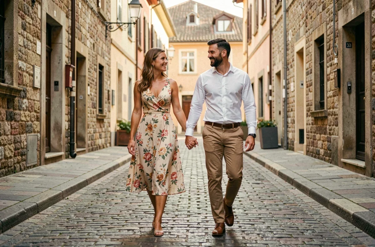 Couple amoureux se promenant main dans la main dans une rue pavée d'un quartier historique