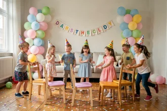 Enfants jouant à la chaise musicale lors d'un anniversaire en intérieur avec ballons et confettis colorés