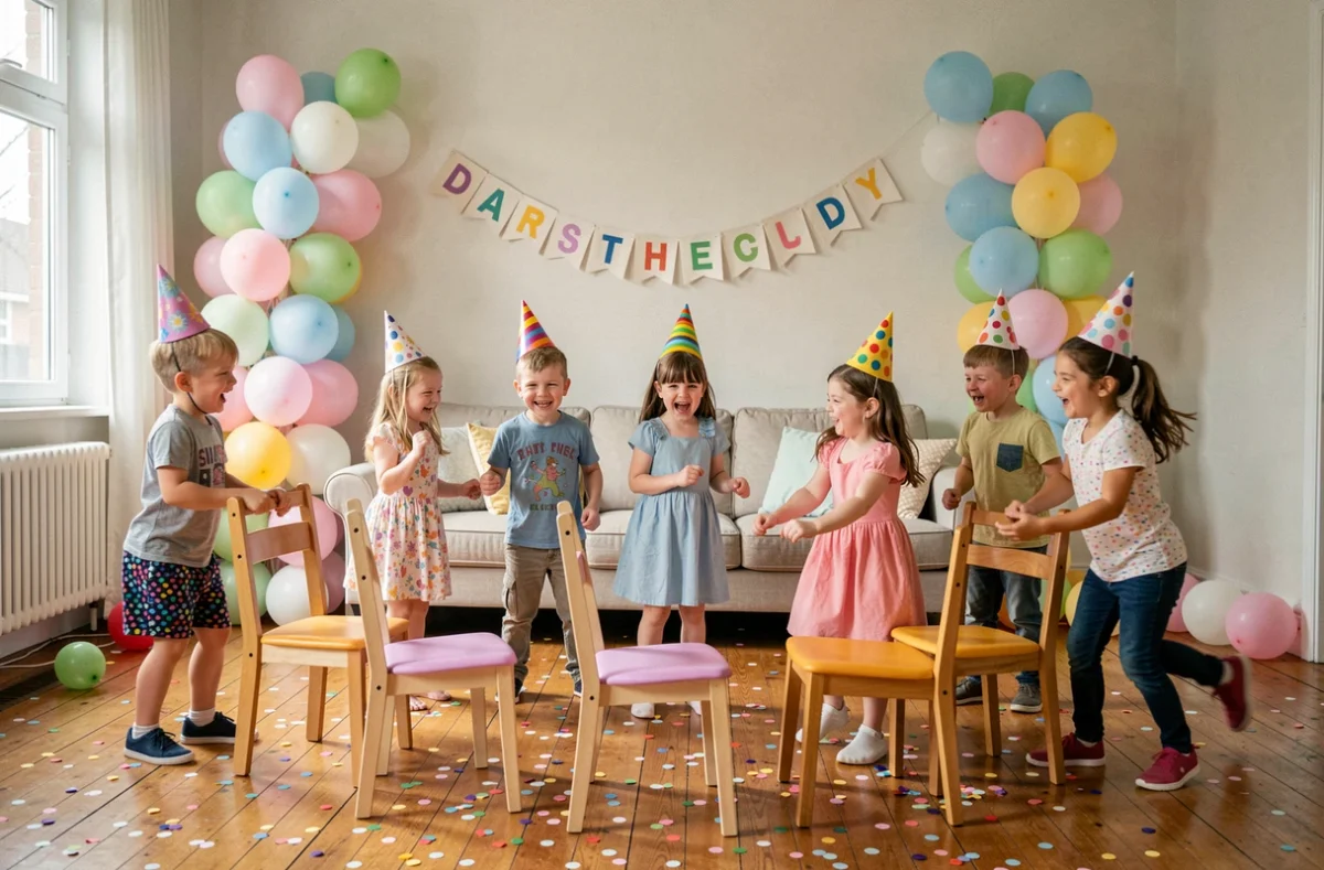 Enfants jouant à la chaise musicale lors d'un anniversaire en intérieur avec ballons et confettis colorés