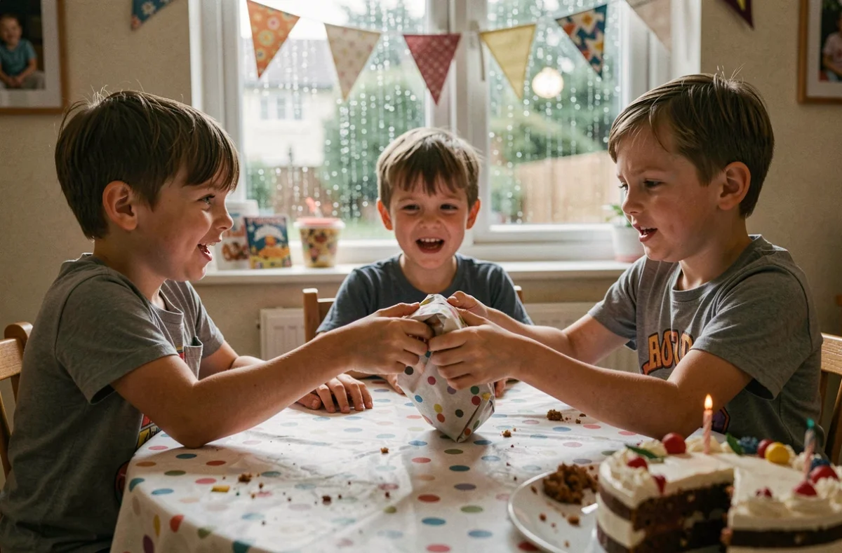 Enfants jouant au paquet surprise lors d'un anniversaire en intérieur un jour de pluie