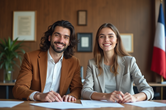 Jeune couple souriant dans une mairie française chaleureuse