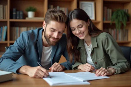 Jeune couple au notaire examinant des documents officiels