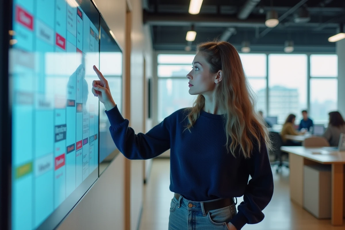 Jeune femme vérifiant un calendrier digital au bureau