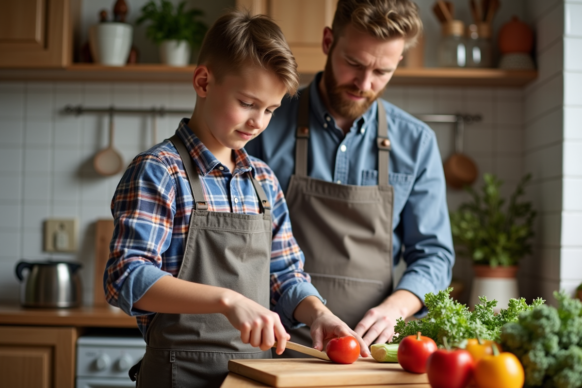 Adolescent en cuisine avec son père préparant des légumes